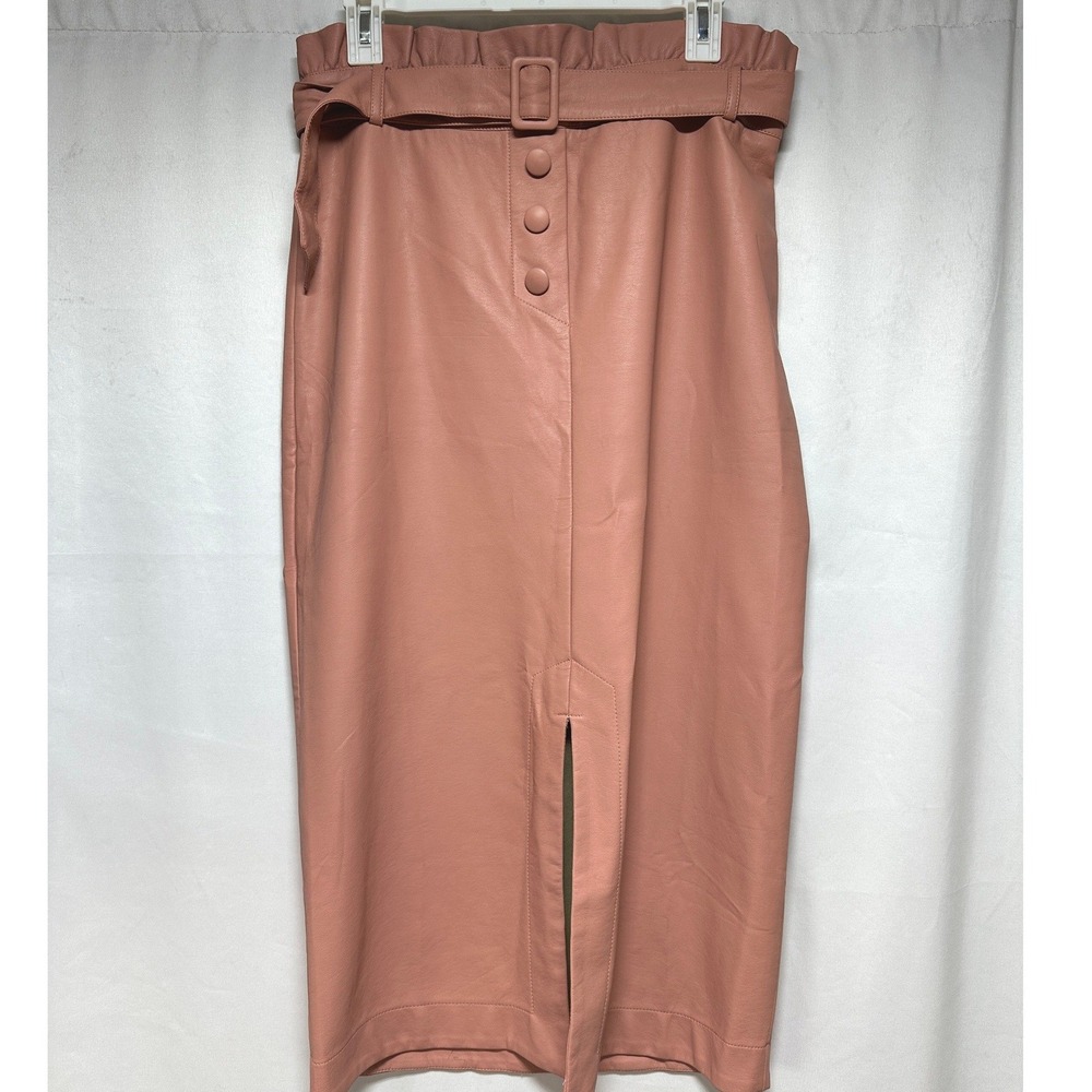 Alice Dusty Rose Faux Leather Paperbag Waist Midi Skirt Belted Size Large
